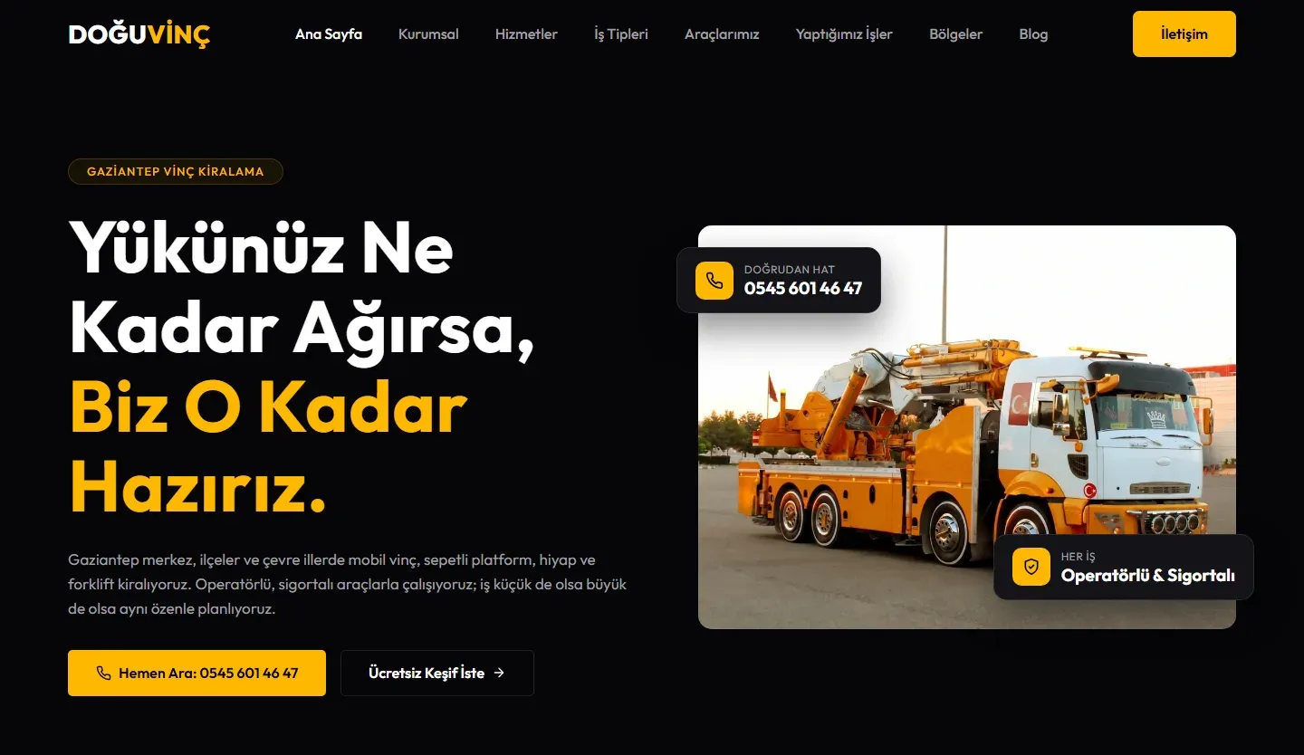 Doğu Vinç web sitesinin ana sayfası, Eylül 2026 ekran görüntüsü
