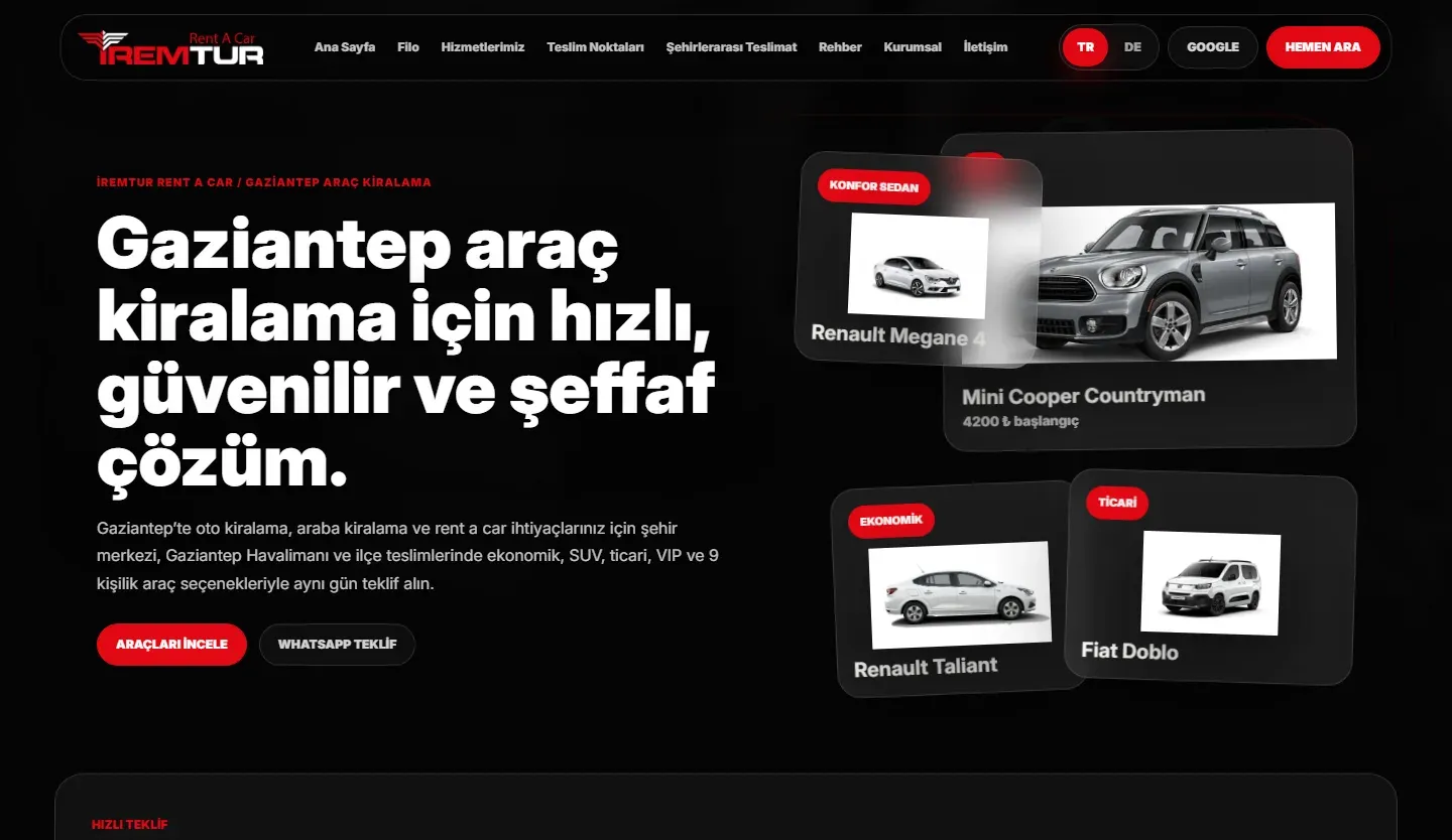 İremtur Rent A Car web sitesinin ana sayfası, Eylül 2026 ekran görüntüsü