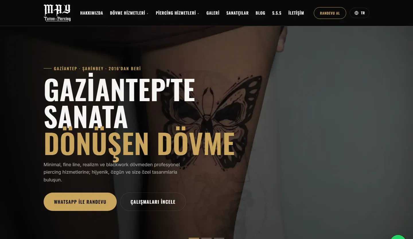 MAY Tattoo & Piercing web sitesinin ana sayfası, Eylül 2026 ekran görüntüsü